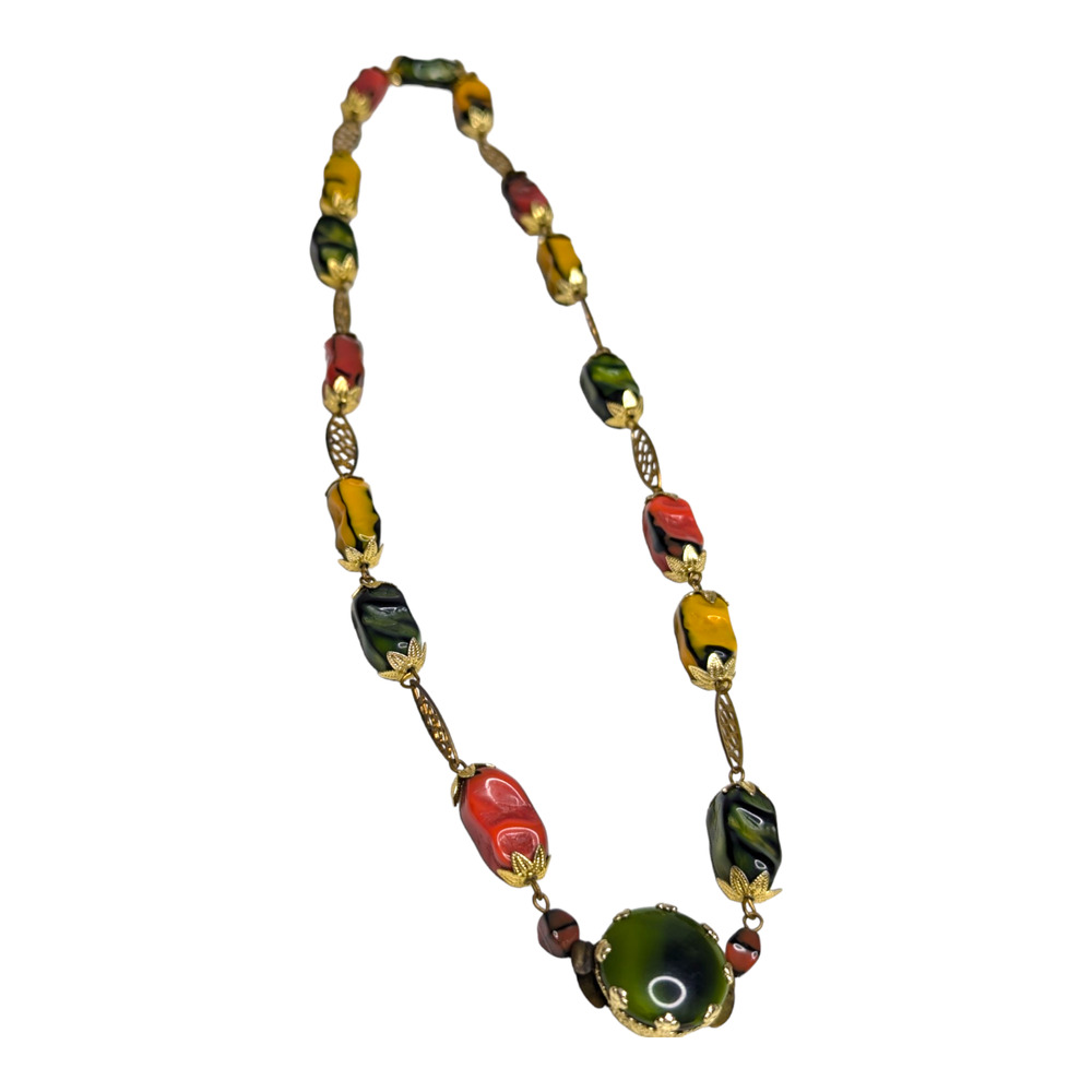 Western Germanyā Pressed Multi Colored Beaded Gold Tone 22in Necklace Vtg